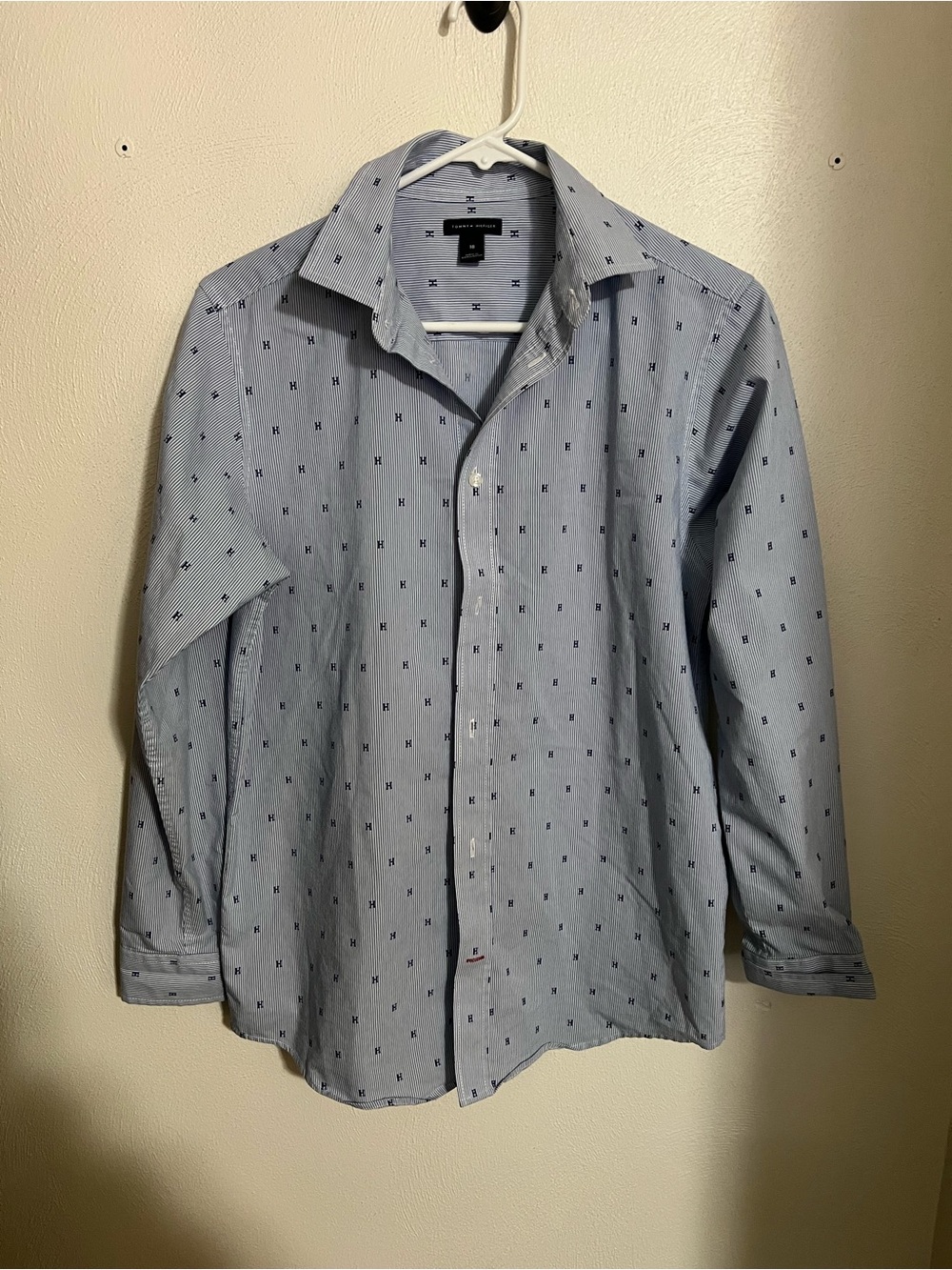 TOMMY HILFIGER Striped & All Over Monogram Button‎ Down Blue White Boy's Sz 18